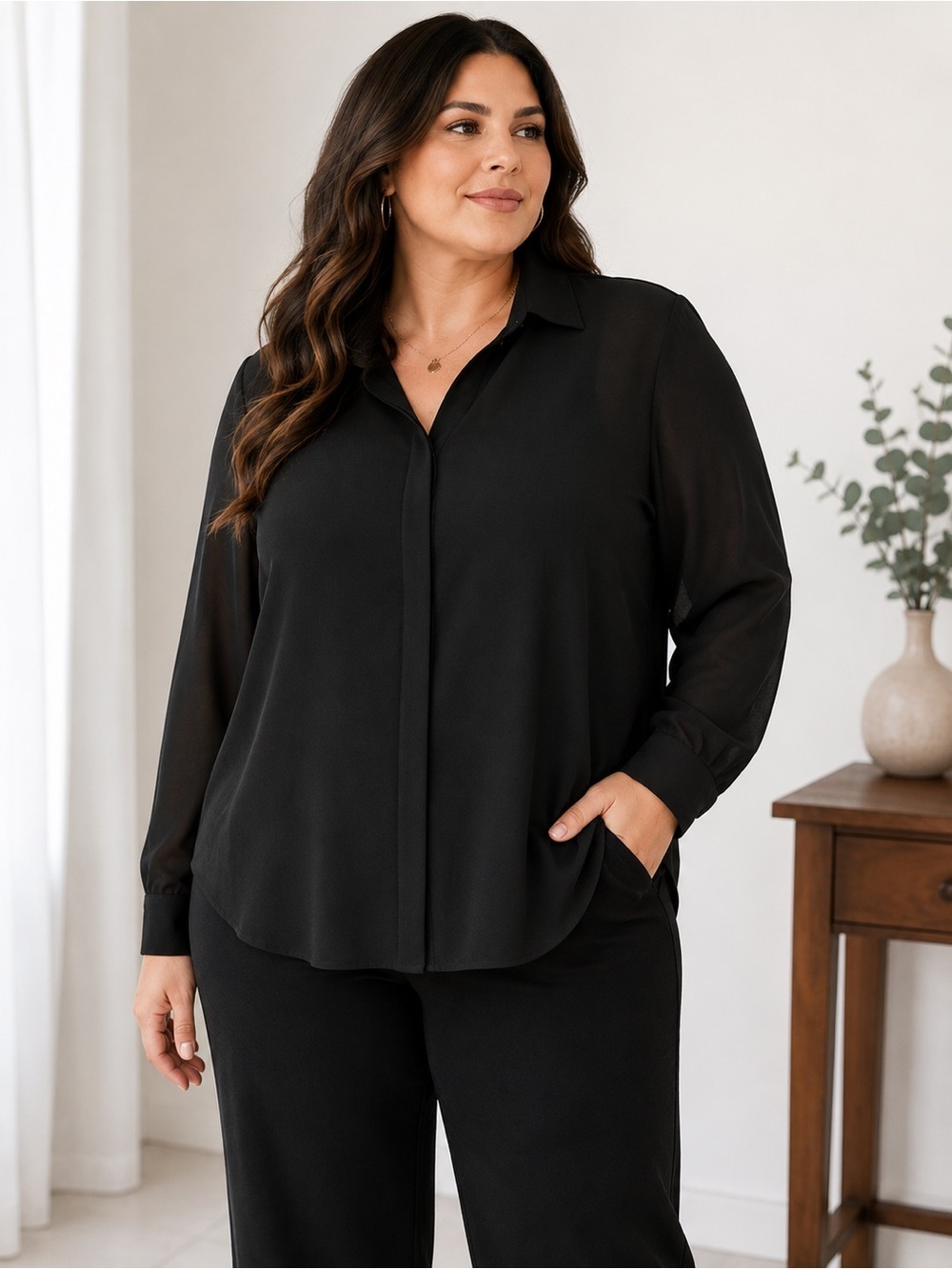 Reitmans Black Semi-Sheer Hidden Button Blouse | XXL | Lightweight Workwear Top